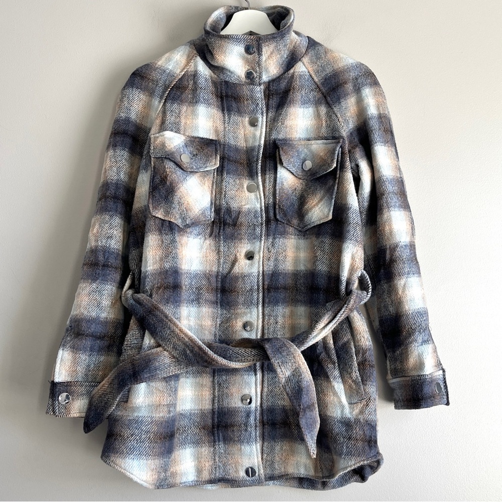 Joie plaid wool blend jacket womens XS belted shacket snap coat chore pea coat